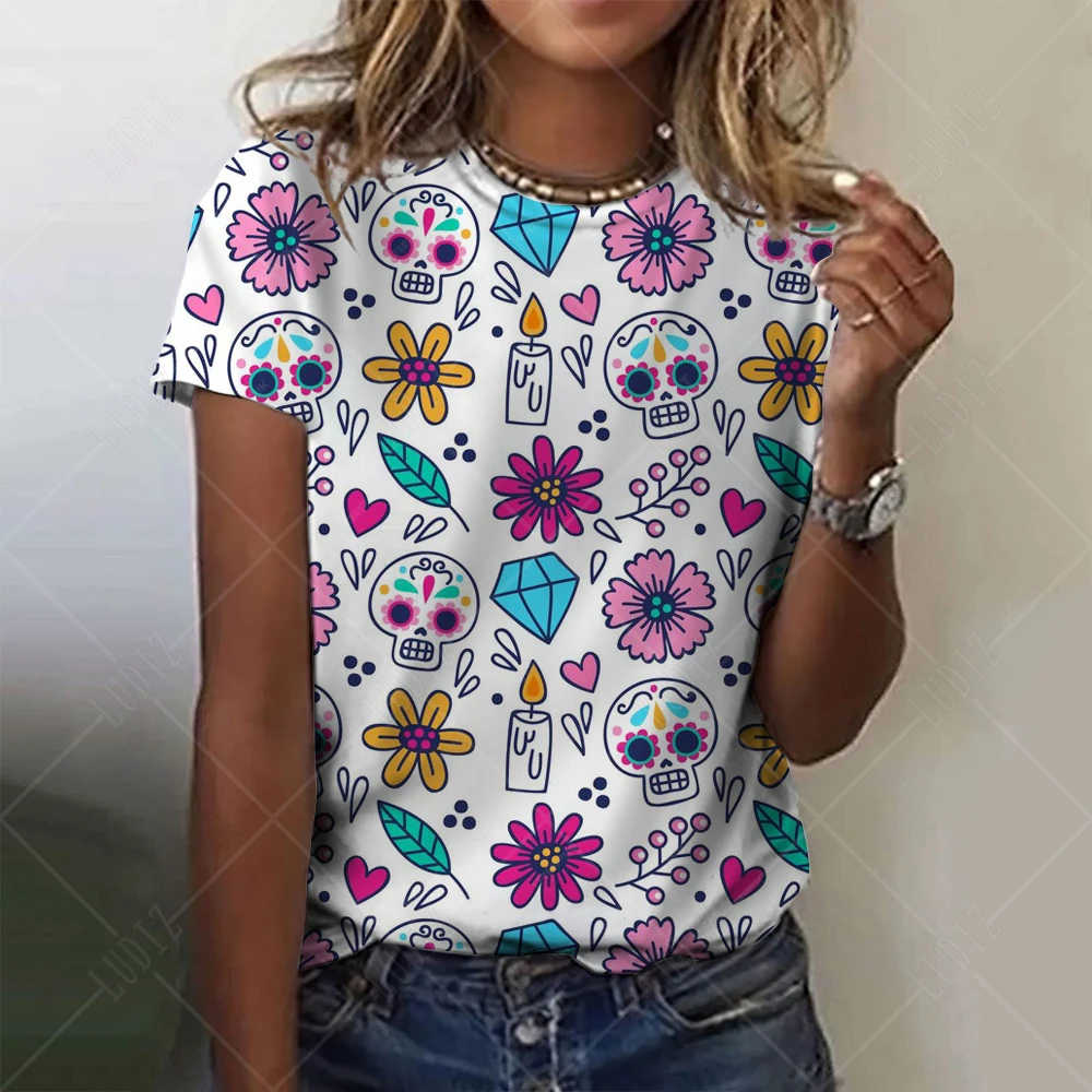 

Funny Sugar Skull Mexico Women's T Shirt 3D Print O-Neck Short Sleeve Tee Luxury Female Tshirts Oversized Y2k Clothing For Girls