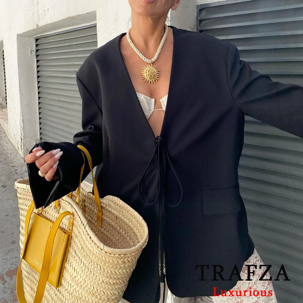 TRAFZA Casual Oversized Black Blazer Women V Neck Bow Tie Pockets Loose Jackets Fashion 2025 Streetwear Women Outwears 2