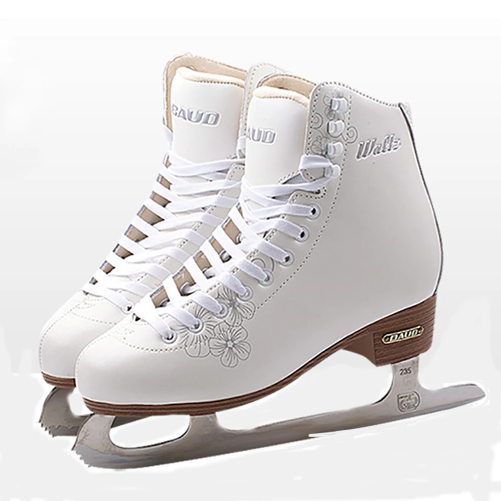 Kids Children Professional Genuine Leather Thermal Warm Thicken Figure Ice Skates Shoes With Ice Blade PVC Waterproof White