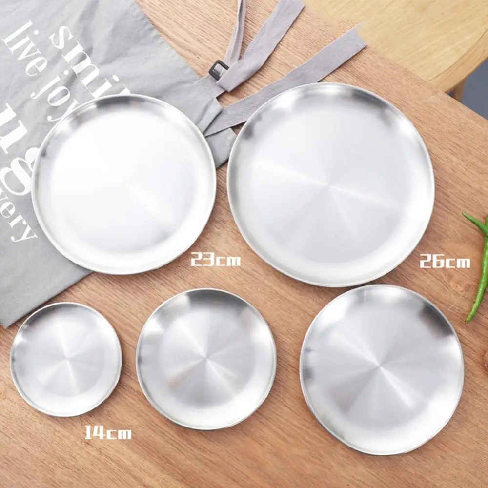 14/17/20/23/26cm Stainless Steel Matte Round Dining Plate Tableware Dessert Pizza Dish Fruit Tray Round Shape Meat Dinnerware