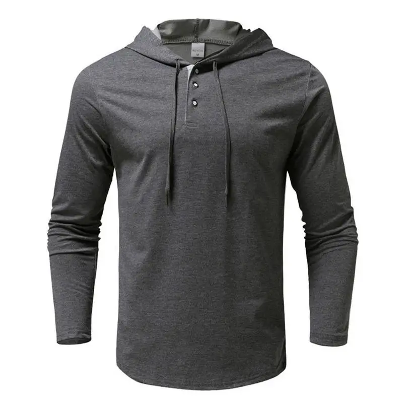 Moletons atléticos masculinos com cordão, blusa de manga comprida, colocação de botões, camisa casual sólida