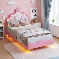 Lit pour enfants Superaly 90x200cm, lit de princesse avec tête de lit en forme de couronne, avec éclairage LED et sommier à lattes, cadre de lit simple 1