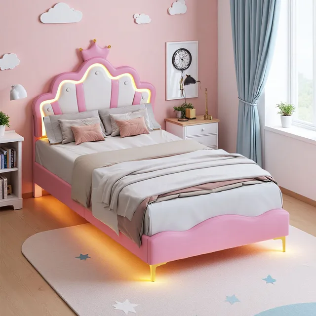 Lit pour enfants Superaly 90x200cm, lit de princesse avec tête de lit en forme de couronne, avec éclairage LED et sommier à lattes, cadre de lit simple 1