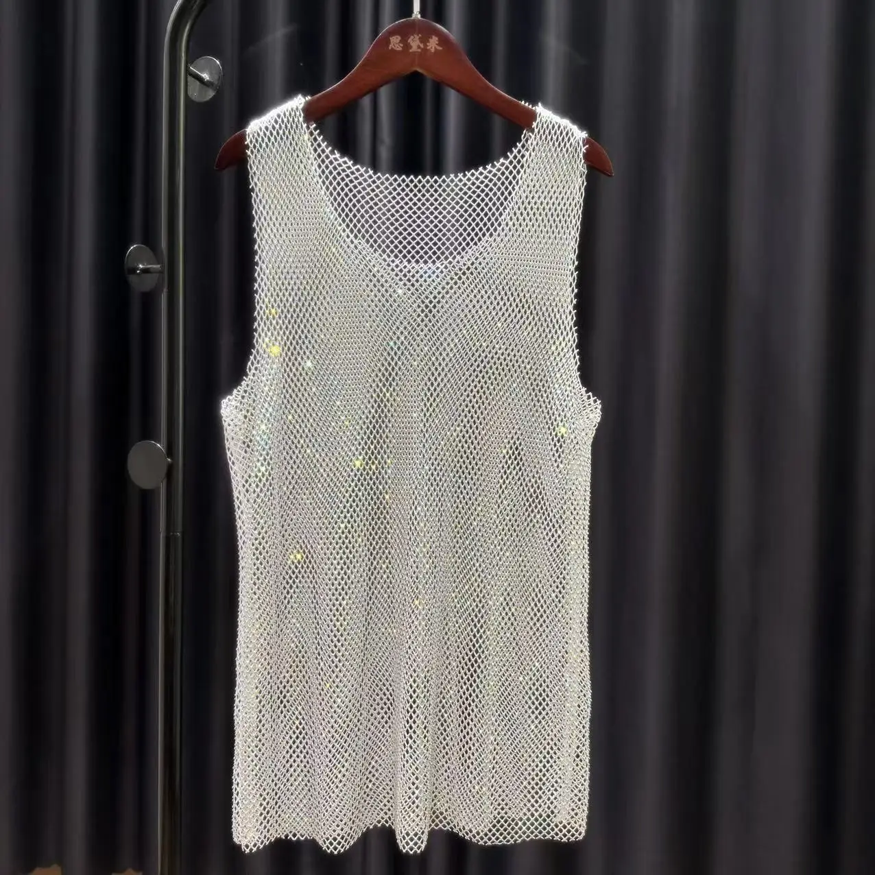 Fishnet Silver Sheer Top Siilsaa Rhinestone Mens Tank Tops Sheer