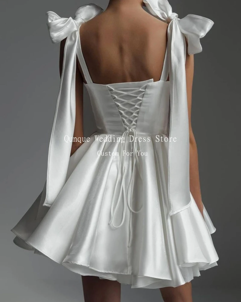 Qunque Short Satin Wedding Party Dresses Spaghetti Straps Lace Up Strapless Vestido Novia Mexicana Vestidos De Novias Customized