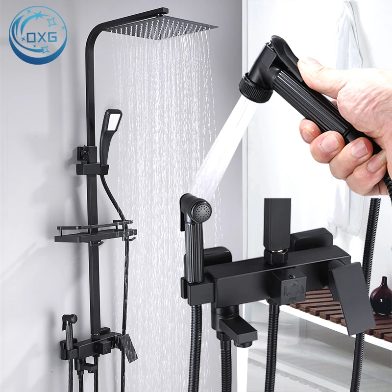 OXG Black Rain Shower Faucet Set Bathroom Faucet Set Bidet Faucet Shower Shelf Rotatable Spout Height Can Be Extende bathroom faucet bathroom shower faucet set