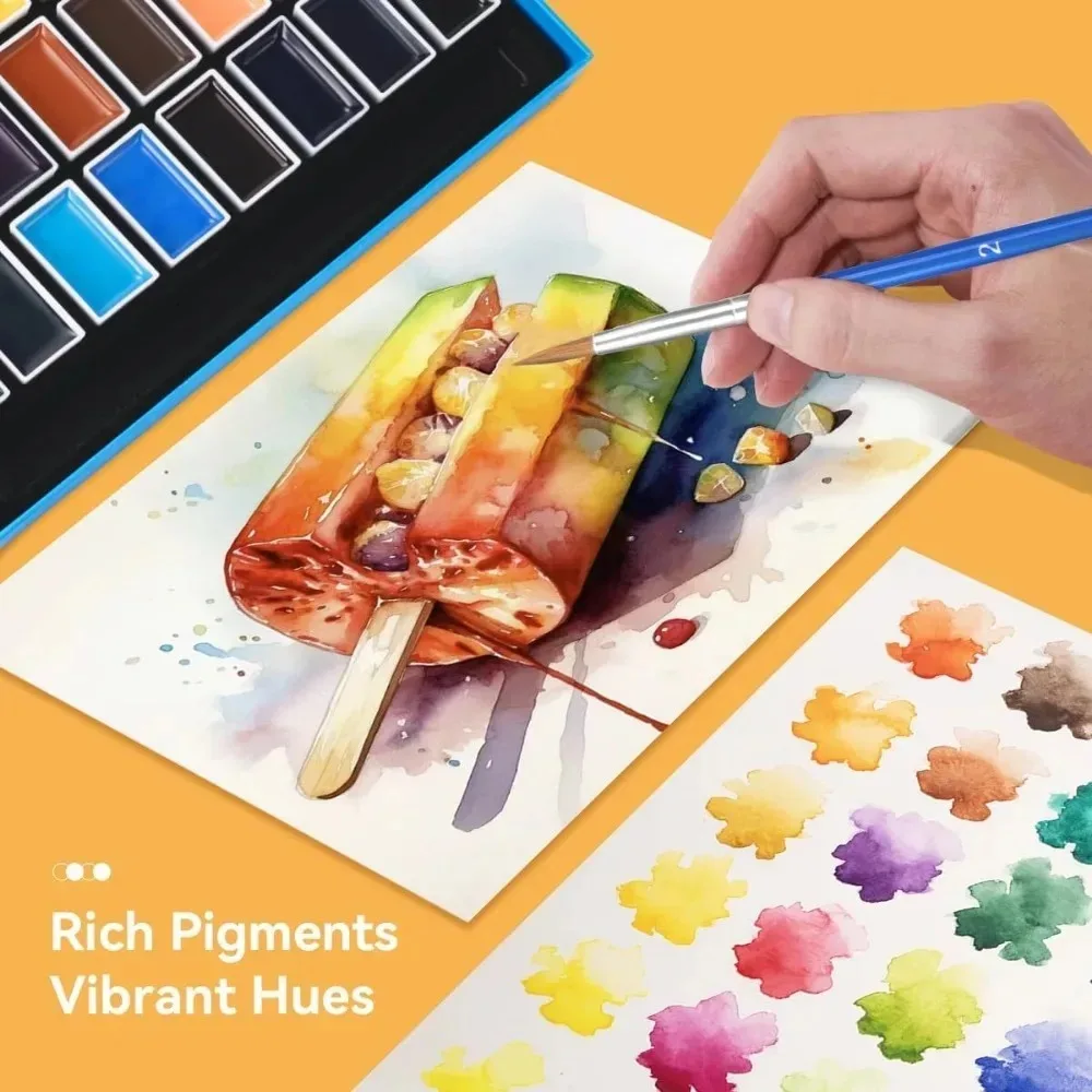 Watercolor Paint Set Full Pan 24 Colors Solid Watercolor 6 Brush Pens for Beginners Students and Artists