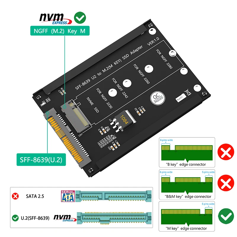 프레임 브래킷 포함 M.2 NVME M 키 SFF-8639 U.2 어댑터 카드 라이저, M2-U2 컨버터, 2230 2242 2260 2280 M2 NVME SSD 지원