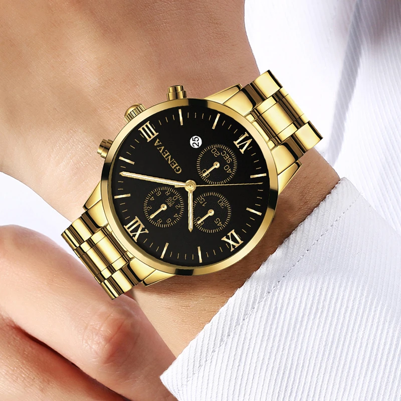 Geneva Fashion Mens Watches Luxury Gold Stainless Steel Quartz Wrist Watch Men Business Casual Calendar Clock relogio masculino