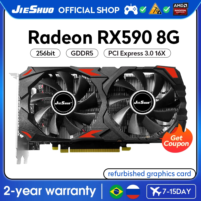 

JIESHUO RX 590 8GB 2048SP Video graphics card GDDR5 GPU 256-bit AMD rx590 8g PC Desktop Game Office KAS 590 RX Random GME versio