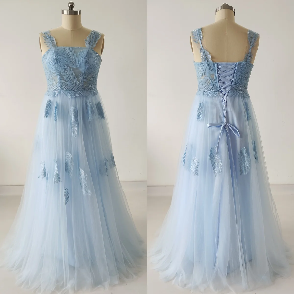 

Feelingarden Evening Dress Plus size Sky Blue Spaghetti Strips Floor-length A-line Lace up Customized Women Formal Party Gown