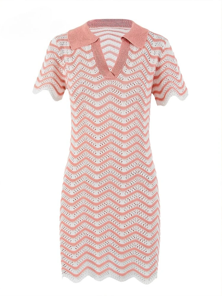 Sexy Hollow Out V-neck Short Sleeve Striped Knit Beach Mini Dress 2026 Summer Women's Vacation Beachwear Swimsuit Cover Up K194 5