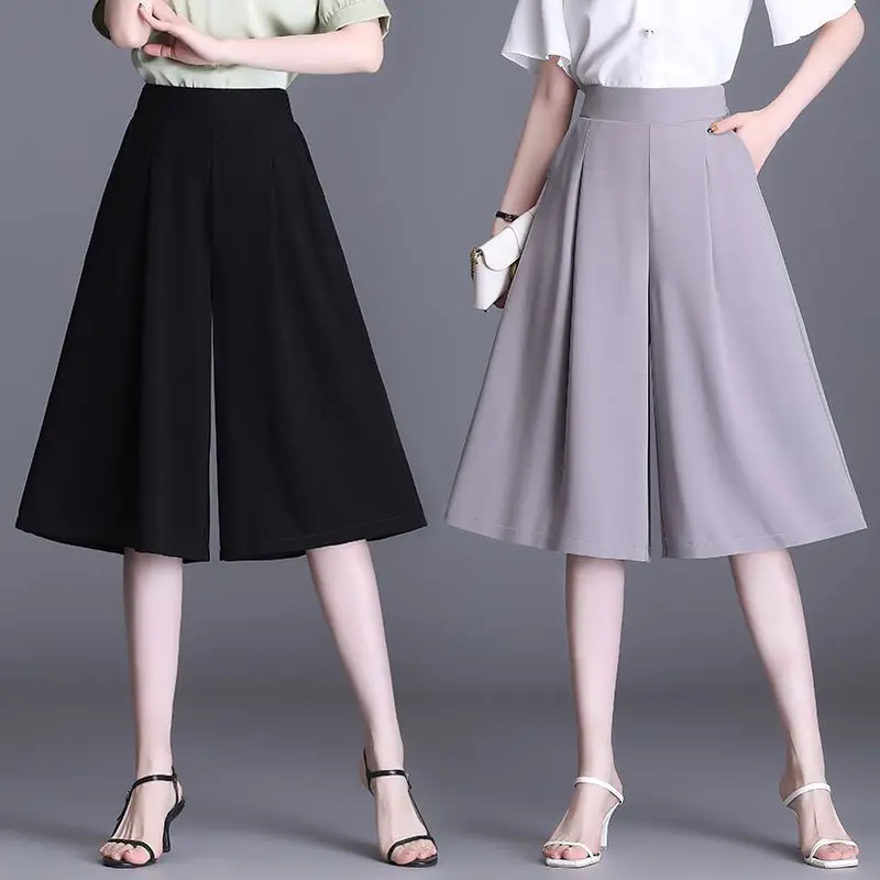 Summer New Fashion Casual Loose Chiffon Wide Leg Capris Women's Solid Elastic High Waist Pockets Thin Breathable Straight Pants