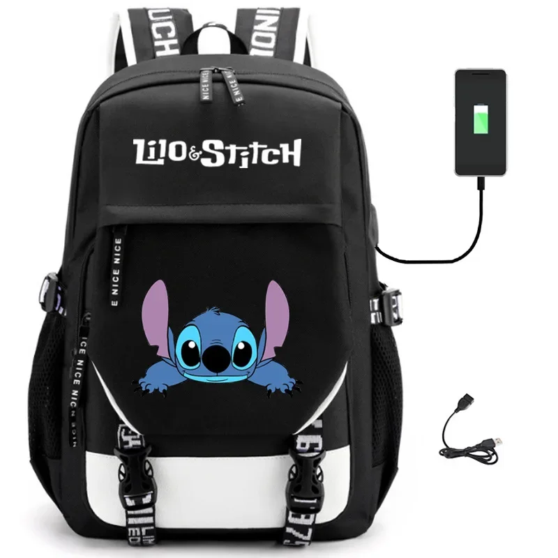 

MINISO Disney Stitch Cartoon Peripheral Backpack USB Large Capacity School Bag Computer Bag Outdoor Travel Bag for Men and Women