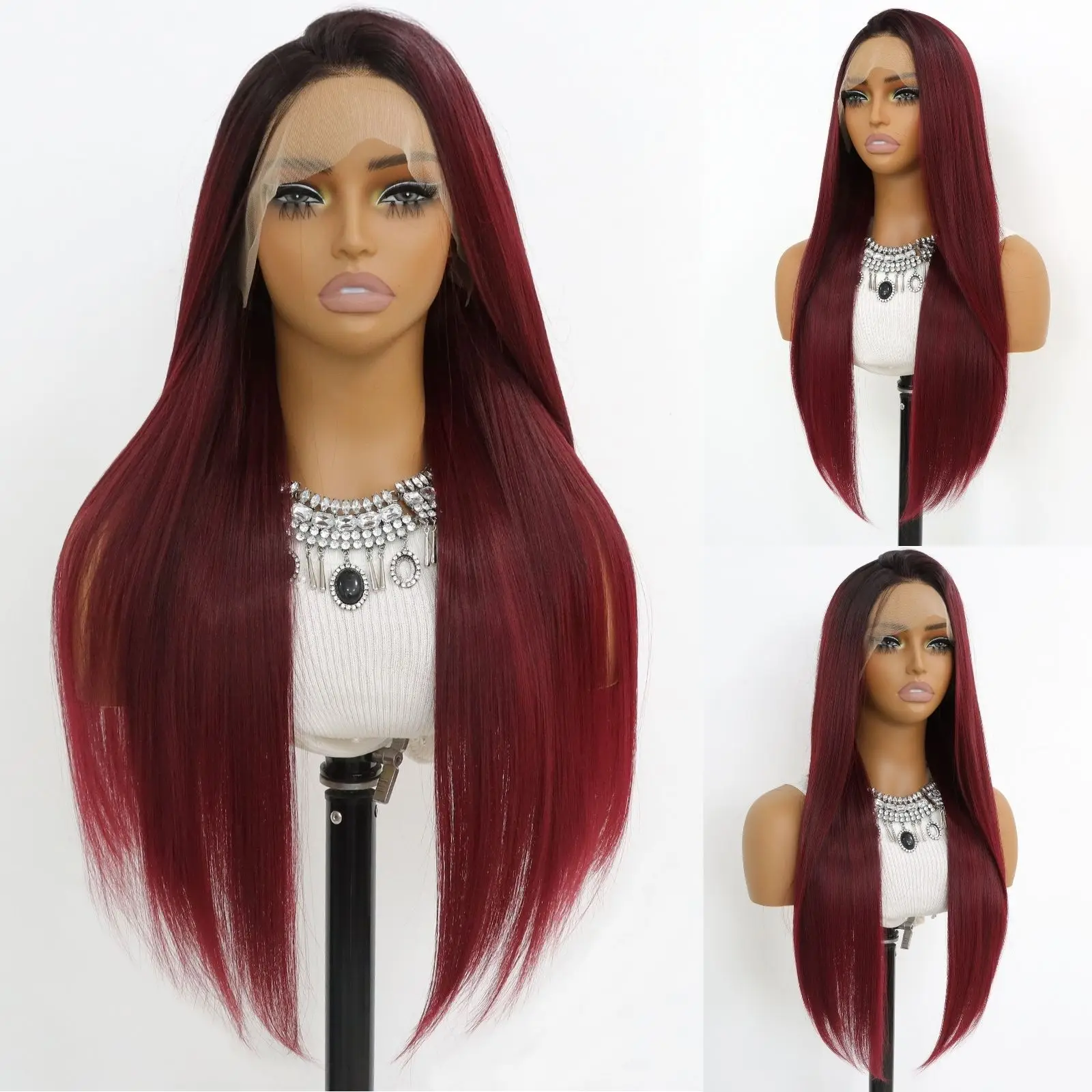 Ombre Burgundy Lace Front Wig Long Straight Ombre Wine Red 13x4 Synthetic Lace Front Wigs for Women 24Inch