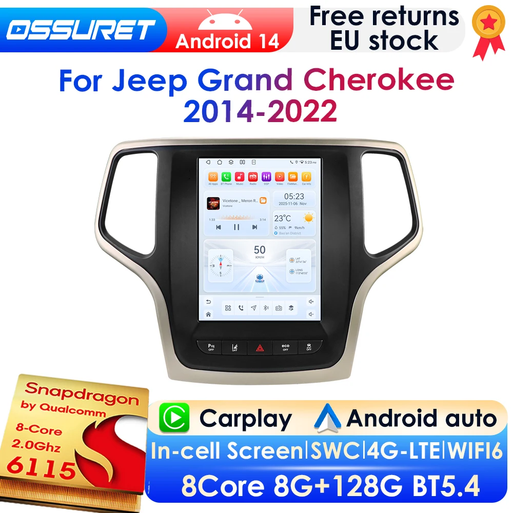 Radio de coche con pantalla vertical de 9,7 pulgadas, Android 14, 2 DIN, para Jeep Grand Cherokee 2014-2022, reproductor multimedia para coche, GPS, Carplay inalámbrico, Android Auto, 4G, DSP, BT, Mirror Link, SWC, cámara 360, 2Din, autorradio, sistemas inteligentes, pantalla QLED con Snapdragon 6115 1