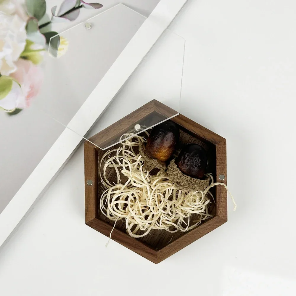 1PCS Creative Acrylic Board Hexagon Box Natural Wood Storage Wooden Box for Necklace Ring Gift Wooden Jewelry Organizer Cases 4
