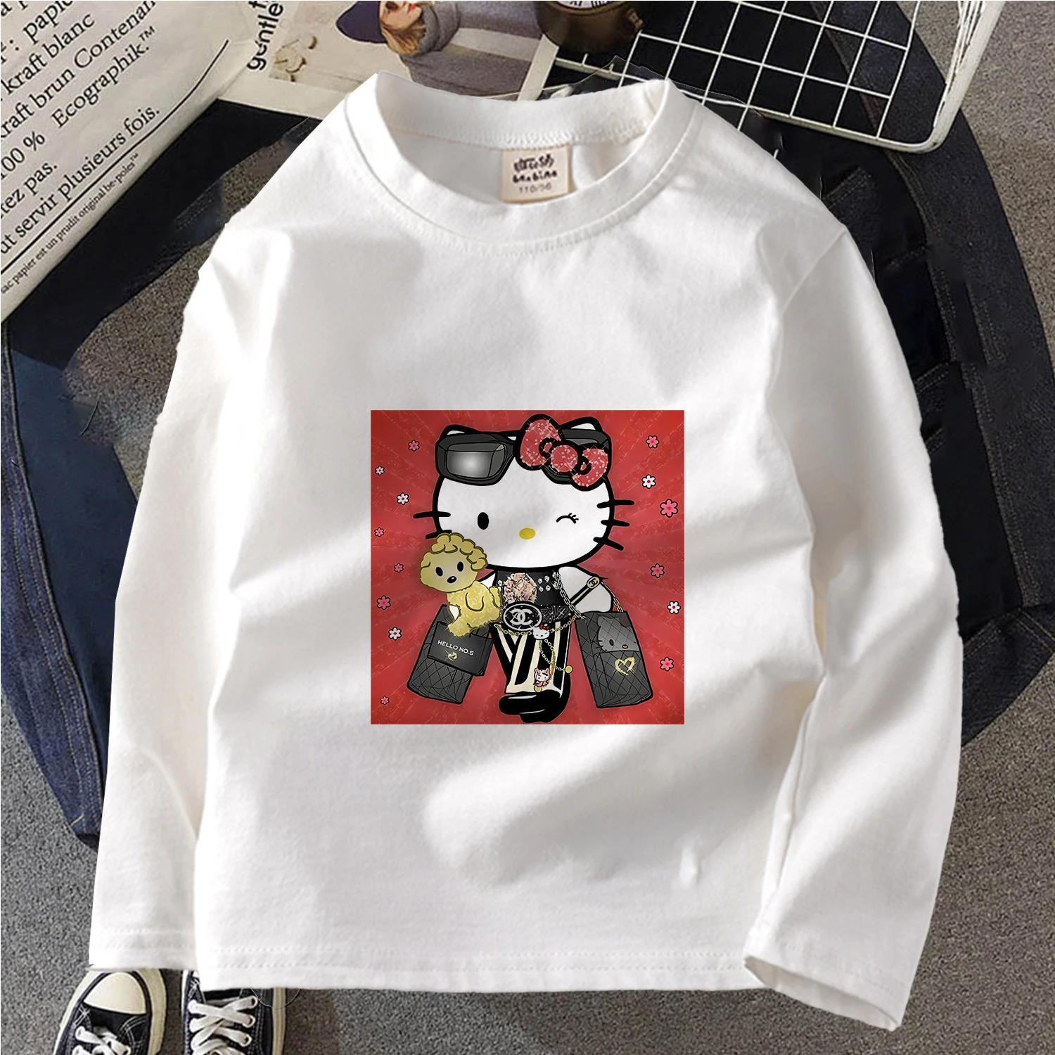 Ropa de Hello Kitty para niñas, camisetas con gráfico de gato, TOP de gran tamaño, ropa de ANIME para niños, adolescentes, lindos, de manga larga| - AliExpress