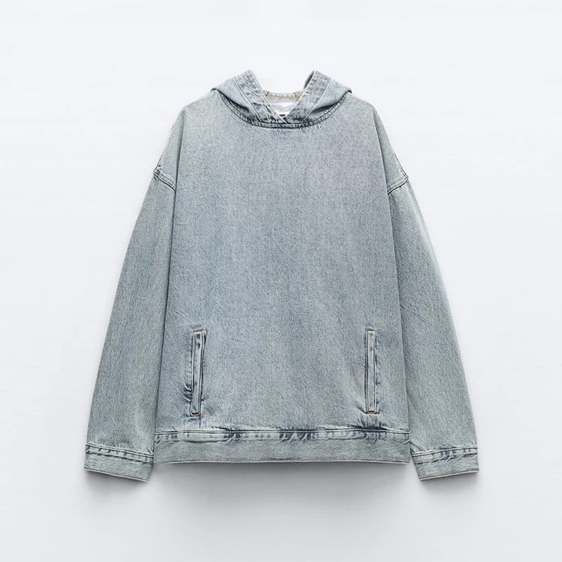 

2024 Spring Autumn New Women Denim Sweatshirt Vintage Hooded Dropped Shoulder Long Sleeve Pocket Top baggy Casual Pullover