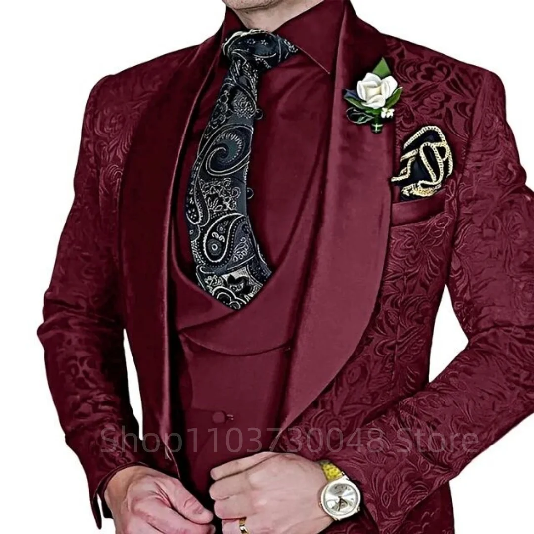 Fashion Jacquard 3-Piece Men's Tuxedo Suit with Shawl Lapel Slim Fit Blazer Vest Pants for Business Wedding Prom Party