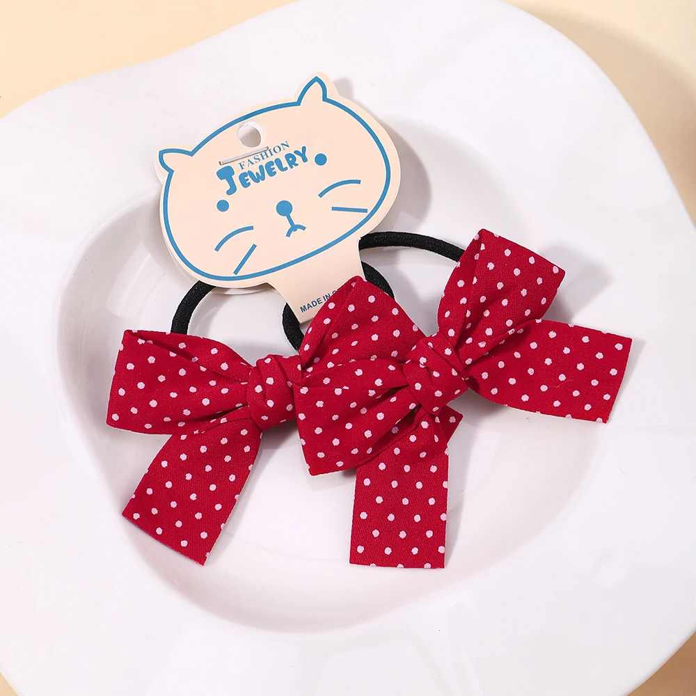 

2pcs Cute Girls Red Butterfly Knot Hair Rope Love Wave Spot Hair Circle Girl Double Horsetail Head Rope Fashion Hair Accessories