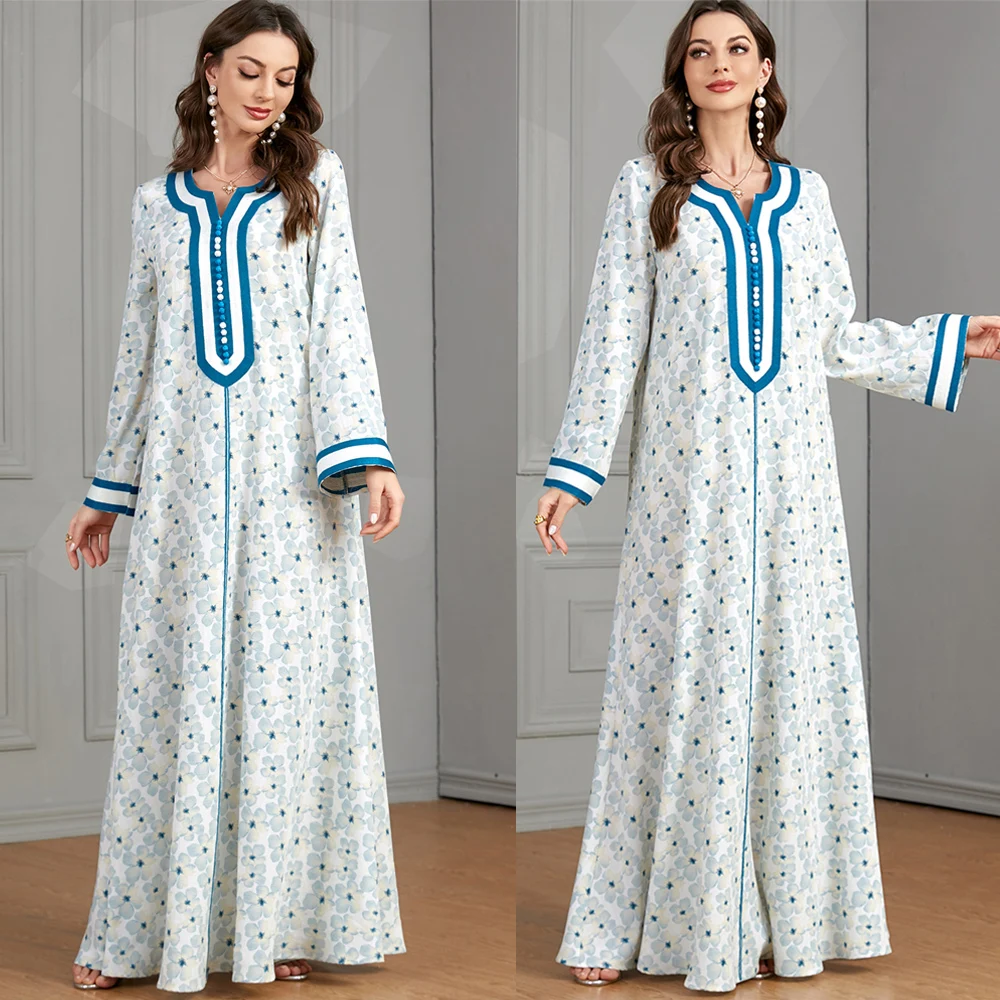 

Eid Muslim Print Dress for Women Abaya Jalabiya Long Dresses Abayas Ramadan Woman Turkey Kimono Robe Moroccan Caftan Vestidos