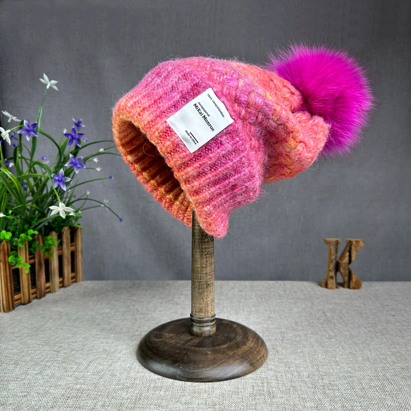 High quality New winter Hat Women's rabbit fur Knitted Hat Fox fur pompom Hat Curled Edge mix Colore Hat for girls womens 4
