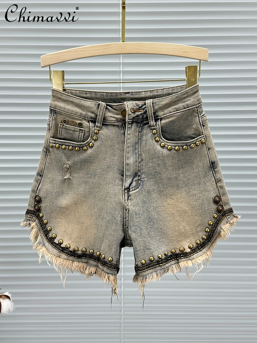 Hot Girl European Beaded Raw Edge Denim Shorts Women Summer New Fashion Streetwear High Waist Slimming Ladies Wide-Legged Pants