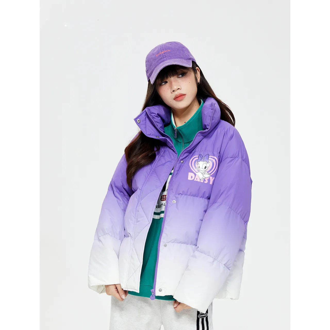 Metersbonwe Women's Cartoon Print Down Jackets Gradient Color Loose Warm Wear Winter Stand Collar Casual Outwear