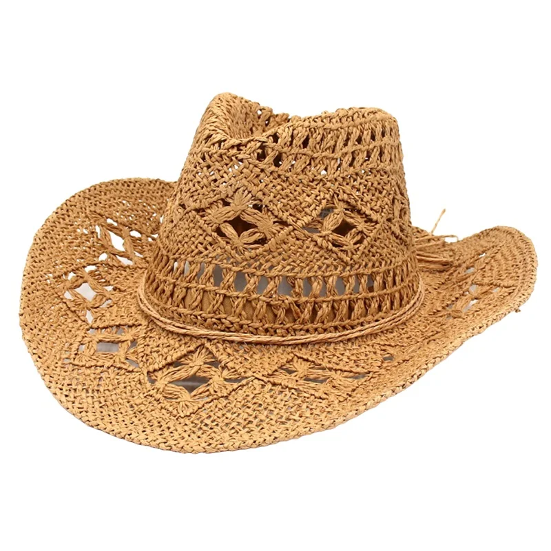 Men Women Western Cowboy Hats Summer Outdoor Hand-Woven Straw Hollowed Wide-brimmed Hat Breathable Beach Jazz Cap Sunhat