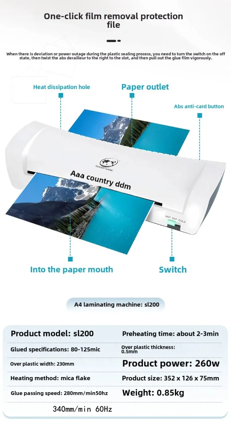 Home Office SL200A4 Laminator Thermoplastic Cold Mounting Dual-use Quick Preheating Constant Temperature Anti-Bubble Photo and D 6