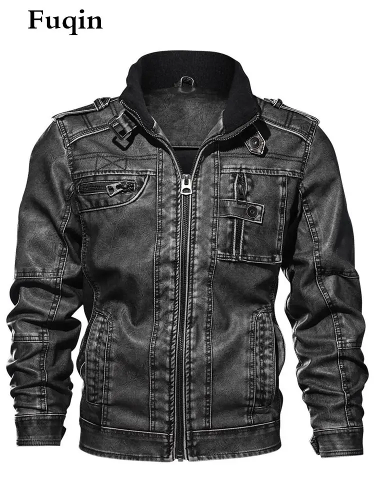 Men's Denim Leather Jacket Multifunction Zip Pocket British Style