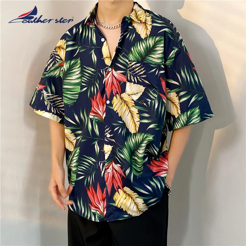 

Tropic Leaf Print Shirts Men Fashion Hawaiian Shirt Casual Vocation Beach Blouse Aloha Lapel Shirt Cuba Blouses Men's Clothing