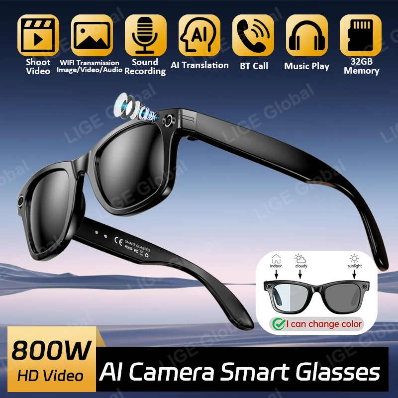AI Smart Glasses 8MP HD Camera Video Bluetooth Call Intelligent Translation 270mAh Battery Voice Assistant Music Sunglasses LIGE