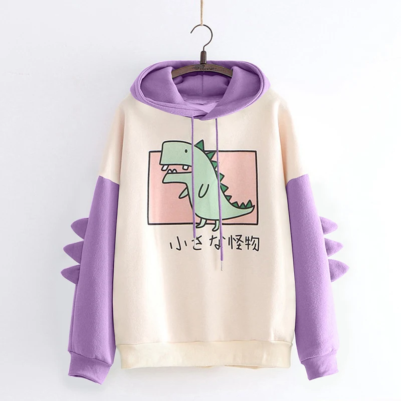 Casual Dinosaur Print Hoodies Women Cute Purple Sweatshirt Pullovers Tops Harajuku Hooded Girls Female Teens Hooded Clothes Red retro dinosaur pink thick harajuku sweatshirt hip hop korea women cheap clothing hoodies winter lovers wild personality tops