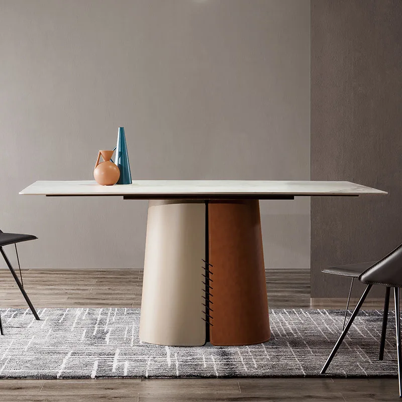 

Italian extremely simple rock plate dining table rectangular saddle leather hard leather dining table designer creative dining t