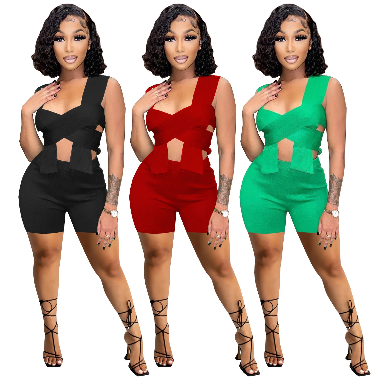 

Women Clothing 2 Pieces Set Patchwork V Neck Bodysuit Sexy Fashion Sleeveless Shorts Women Casual Party Club Outfits For Women