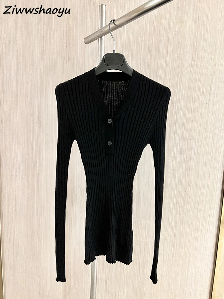 

High Quality Autumn Women Fashion Runway Designer Long Sleeve Black Solid Color Print Striped Knitting Wool Elasticity Sweaters