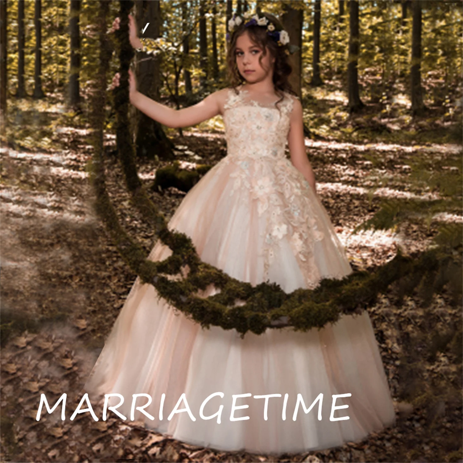 

Puffy Pink Appliques Flower Communion Dress Girl Tulle Lace Scoop Flower Girl Dresses Kids Emboridery Aline Girl Party Dresses