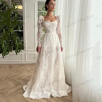 Exquisite Wedding Dresses A-Line Bridal Gowns Lace Appliques Full Sleeves Square Robes Glamorous Vestidos De Novia Customized 1