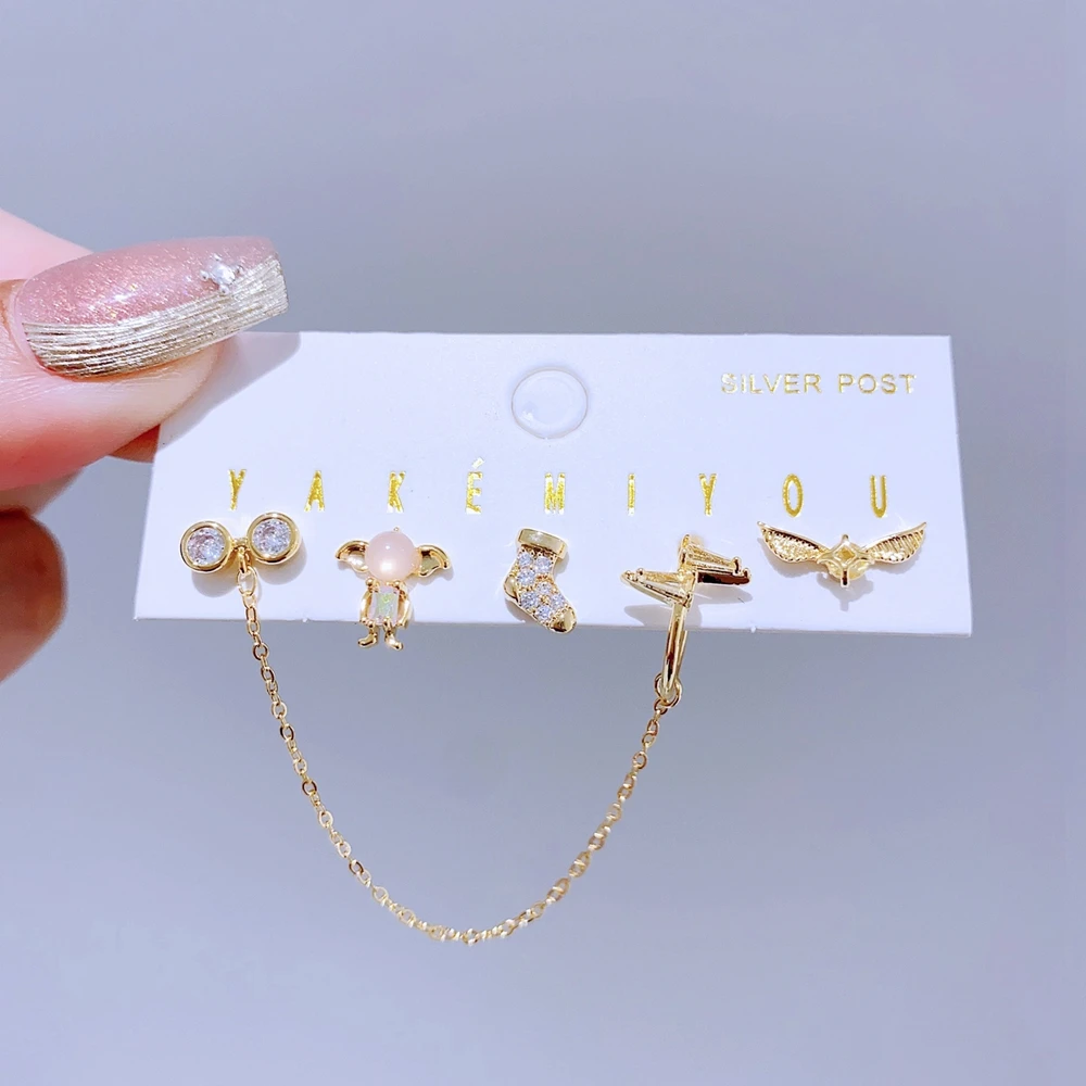 5pcs/set Mixed Cartoon Stud Earrings Gold Color Plated Cubic Zirconia Crystal Women Girls Jewellery 3