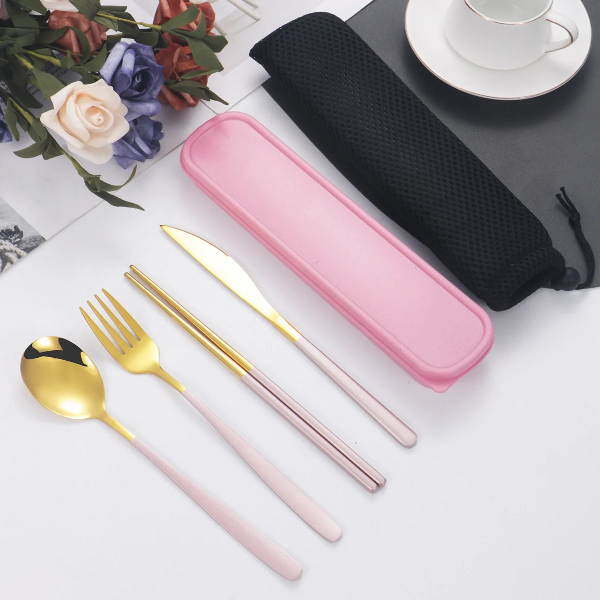 4pc Stainless steel tableware knife and fork spoon chopsticks tableware suit students go to school portable suit
