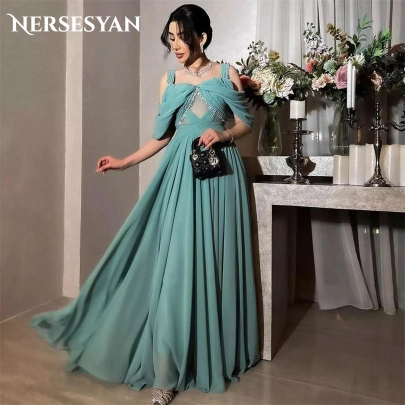 

Nersesyan Green Chiffon Shiny Evening Dresses Off The Shoulder Draped Formal Party Gowns A Line Pleated Vestidos De Fiesta 2023
