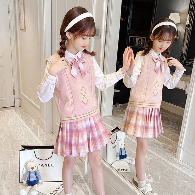 

2023 Autumn Winter Girls JK Uniform Set Outfit Teenage Clothes Children College Style Sleeveless Knit Vest Shirt Skirt 3pcs Suit