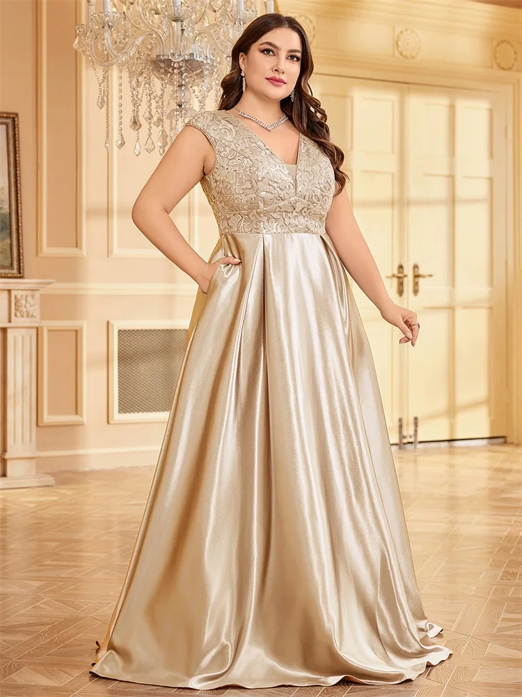 Lucyinlove Plus Size Luxury Gold Satin V-Neck Evening Dress Women Satin Wedding Party Prom Floor Lenght Cocktail Dress Gowns