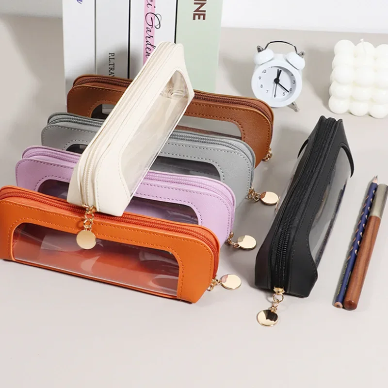 PU Pencil Case Portable Waterproof Transparent Cosmetic Bag Zipper Makeup Brush Storage Bag Sundries Organizers Stationery Gifts