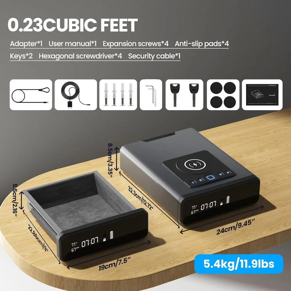 24/7 Display Clock Safe with 2-in-1 Watch & Phone Wireless Charging,Pistol Safe with Backlit Keypad, Handgun Safe with LED Light 5