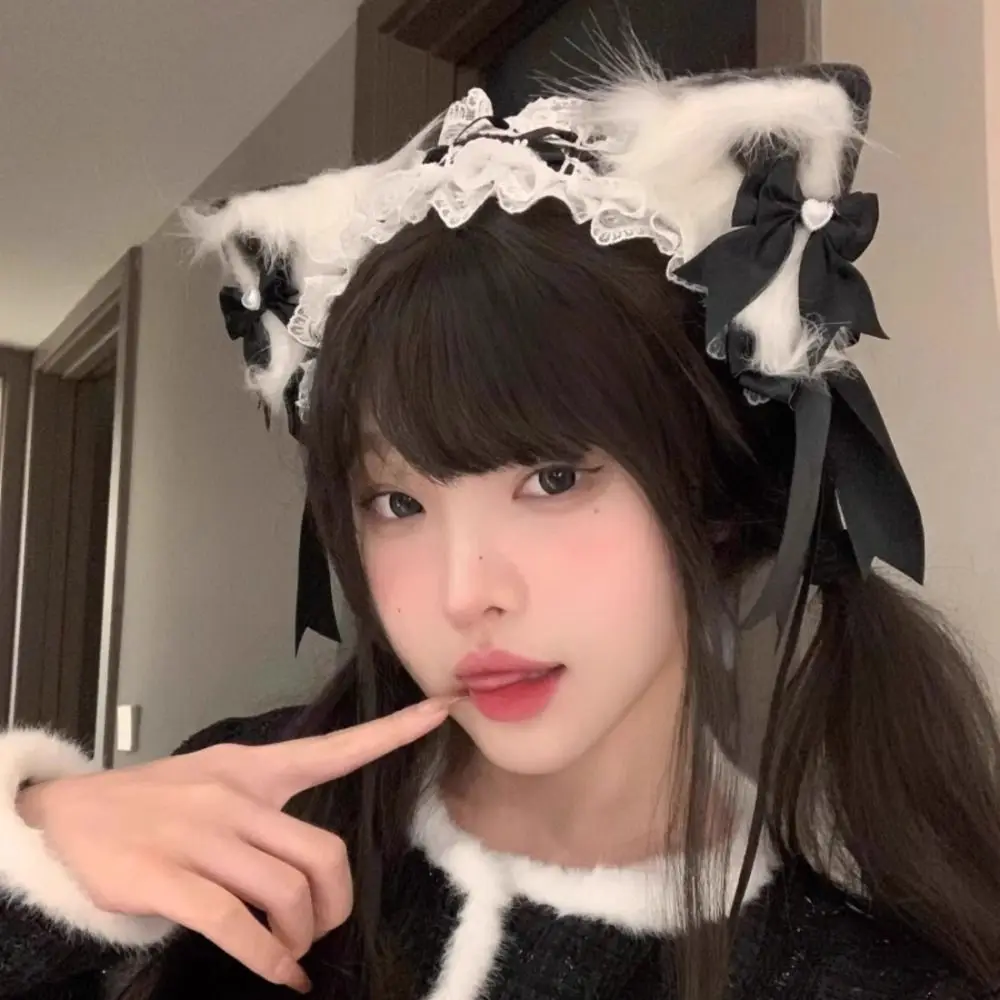 New Lolita Cat Ears Headband Lace Bow Headwear Cosplay Head Wrap Hair Accessories