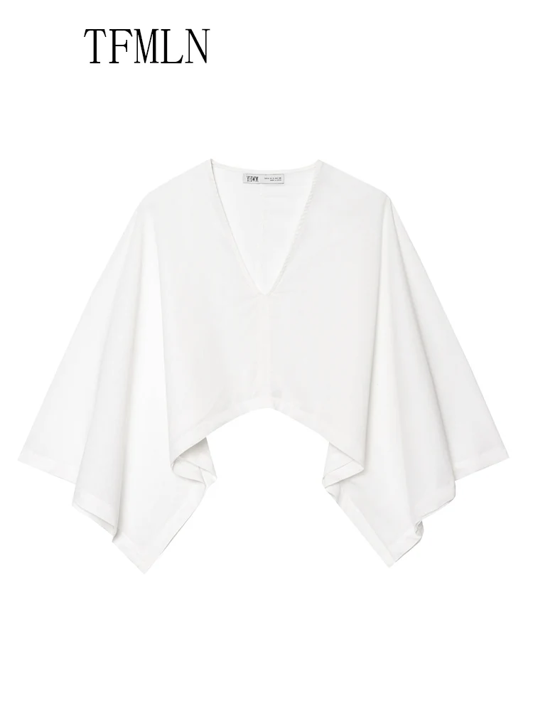 TFMLN 2025 Summer Women Asymmetrical Kimono Style Blouse Fashion Causal V-neck Batwing Sleeve Loose Top High Street Pullover Top