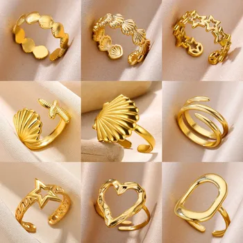 Anelli di conchiglia in acciaio inossidabile 316L per donna Anelli aperti regolabili color oro Piccola stella Gioielli femminili Regali di nozze Nuovo alla moda 1